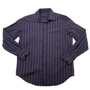Bugatchi Uomo Dress Shirt Mens L Large Purple Striped Long Sleeve Collar Cotton